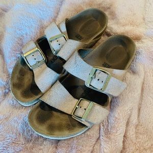 Birkenstock rose gold with white bottoms